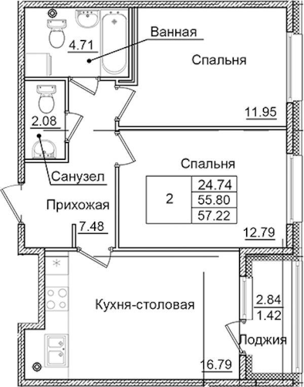 2-комнатная квартира 57.22 м², 2/9 эт., ЖК «Квартал Заречье»
